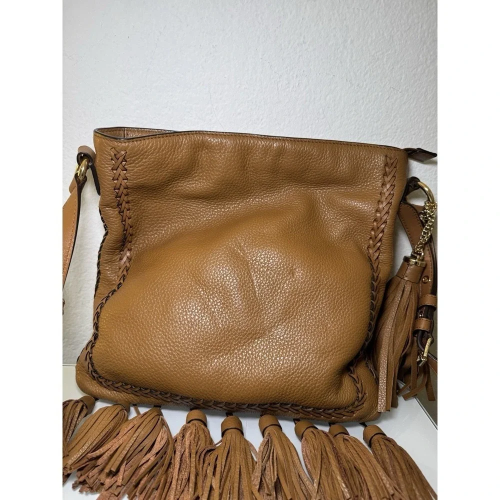 Michael Kors Camel Brown Tasseled Crossbody Purse Braid Strap Design Western